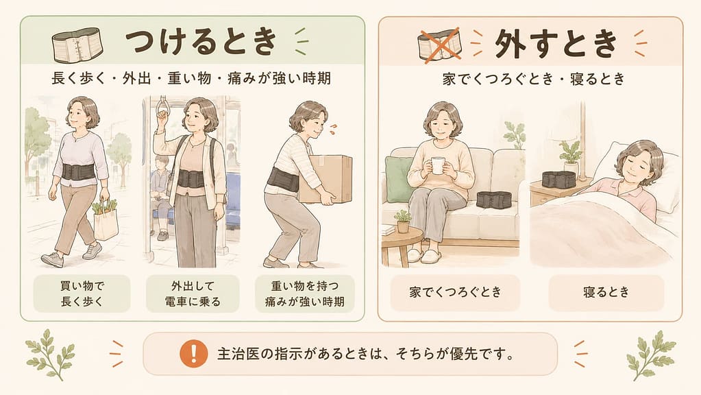 コルセットをつけるときと外すときの比較。長く歩く・外出・重い物・痛みが強い時期はつけ、家でくつろぐときと寝るときは外す