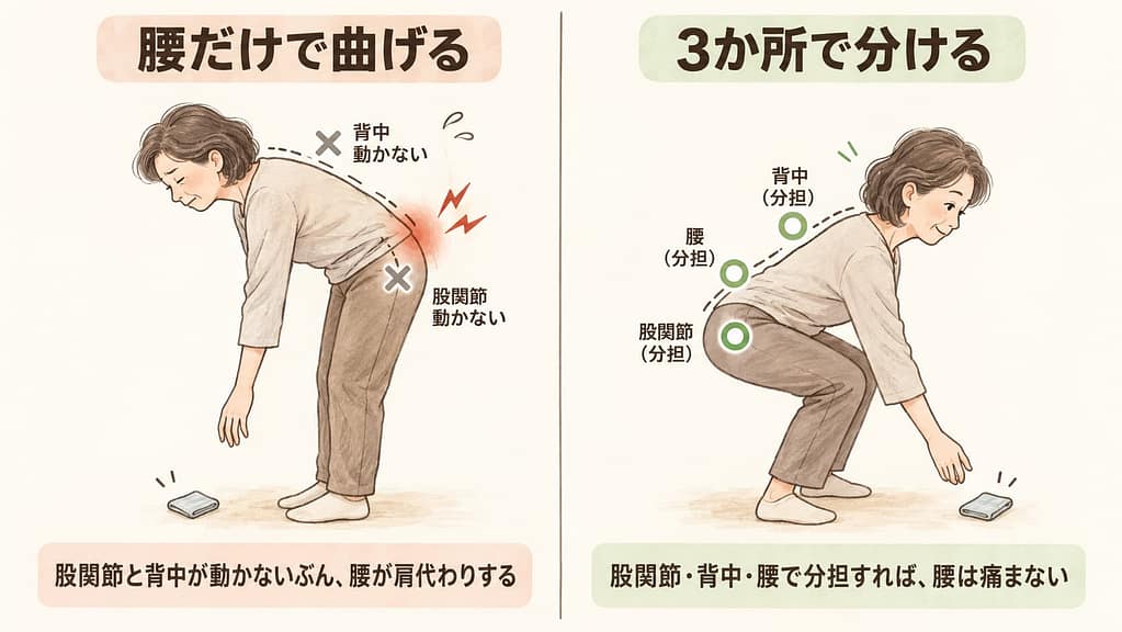 床の物を拾う姿勢の比較。股関節と背中が動かず腰だけで曲げる例と、股関節・背中・腰の3か所で分担する例