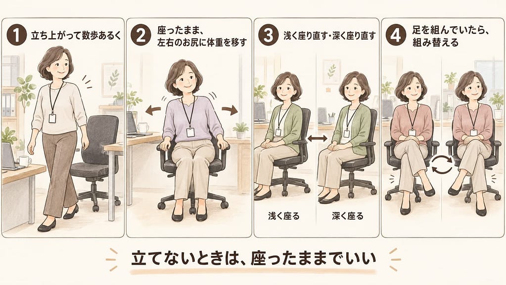 座ったままできる姿勢チェンジ4つ。立って数歩あるく、左右のお尻に体重を移す、浅く深く座り直す、足を組み替える