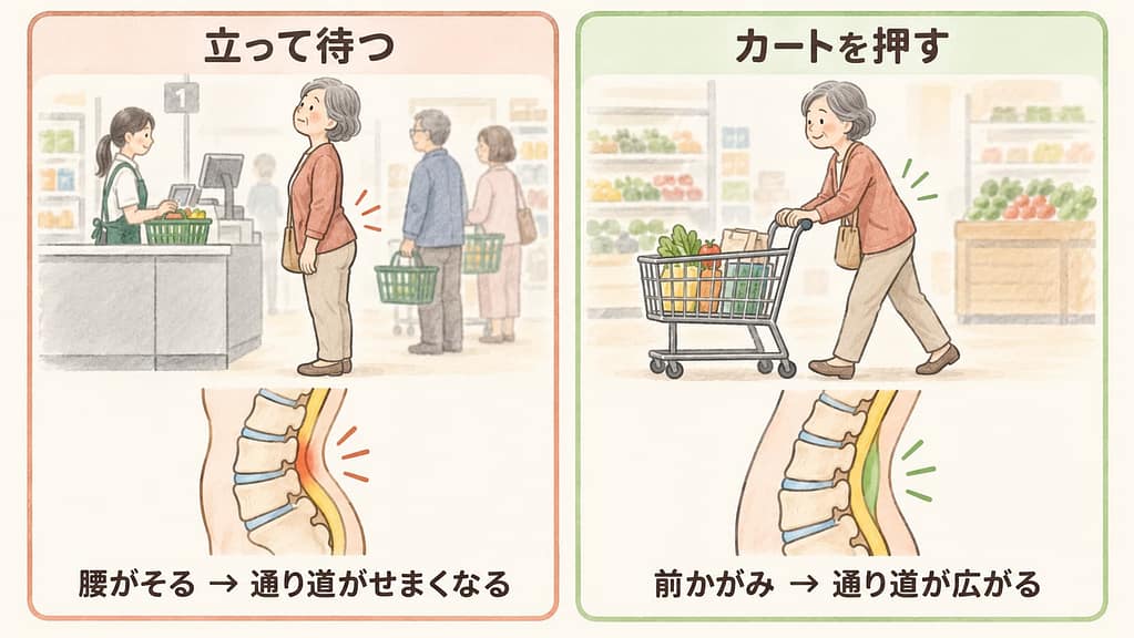 レジ列で立って待つと腰がそって神経の通り道がせまくなり、カートを押すと前かがみになって通り道が広がることを示した比較図