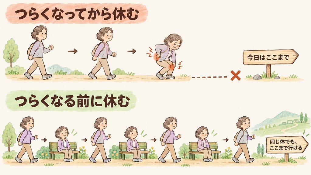 つらくなってから休む場合と、つらくなる前に休む場合で、1日に歩ける距離が変わることを示した図